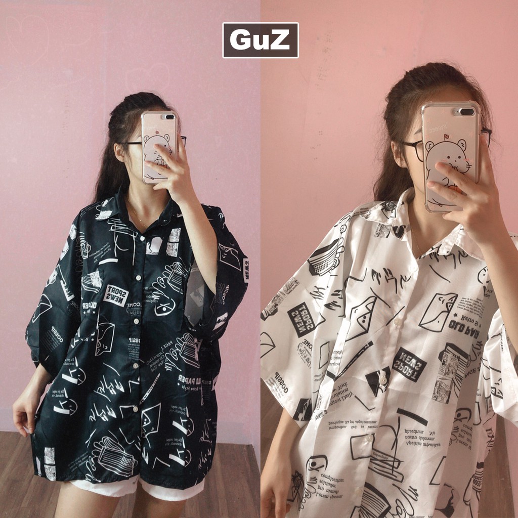 Áo sơ mi nữ cộc tay dáng suông phối họa tiết hình học 2 màu đen trắng guzfashion