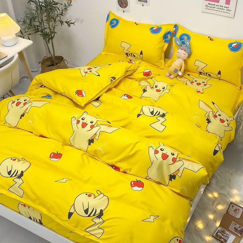 Bộ chăn ga gối , drap giường chất cotton poly họa tiết pikachu vàng