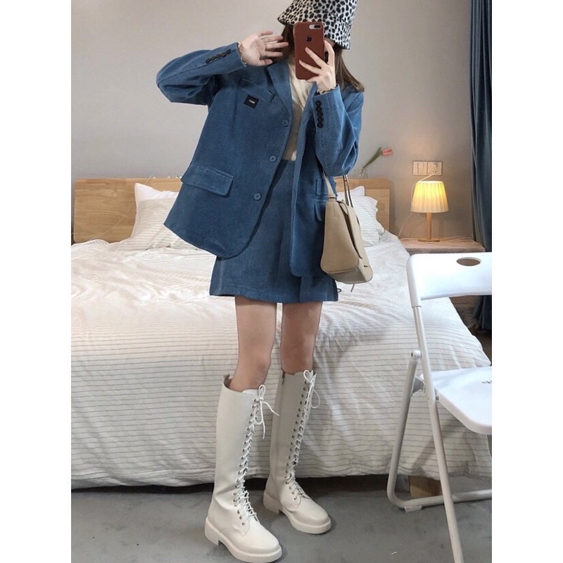 Set đồ gồm áo vest, blazer và chân váy nhung tăm phong cách Hàn Quốc Aimee closet