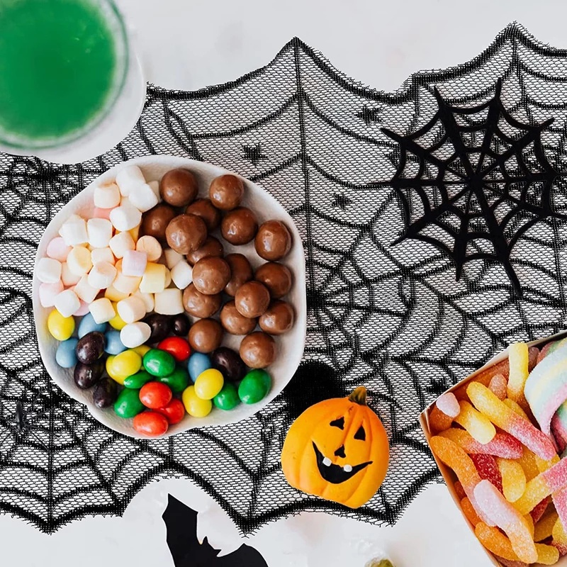 Khăn Ren Trải Bàn Họa Tiết Mạng Nhện Màu Đen Dùng Trang Trí Tiệc Halloween