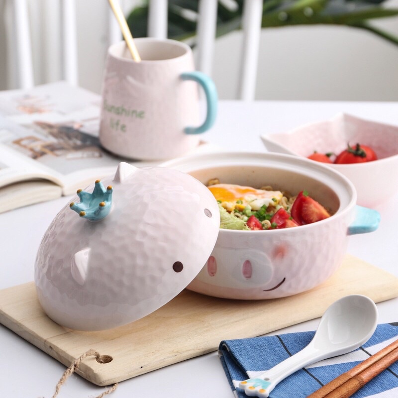 Nồi gốm sứ lợn hồng ăn mỳ decor thức ăn xinh xắn