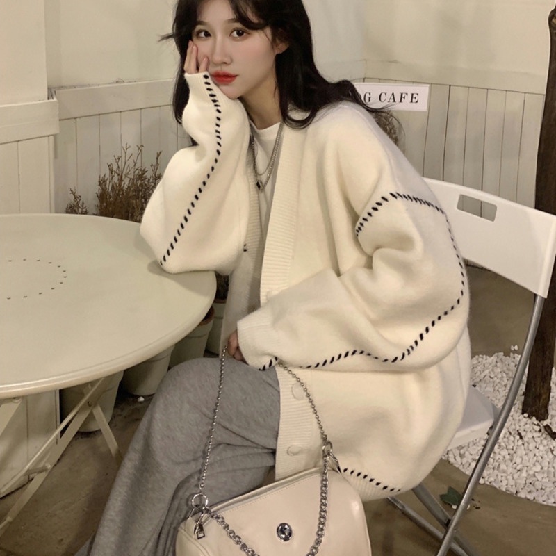 Áo cardigan tay dài form rộng theo phong cách retro đơn giản