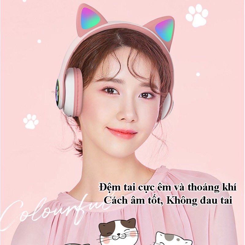 Tai Nghe Mèo bluetooth có mic Headphone Tai Bluetooth 5.0 AKS-28 Có Micro Đàm Thoại, Chơi Game. Headphone Phát Sáng