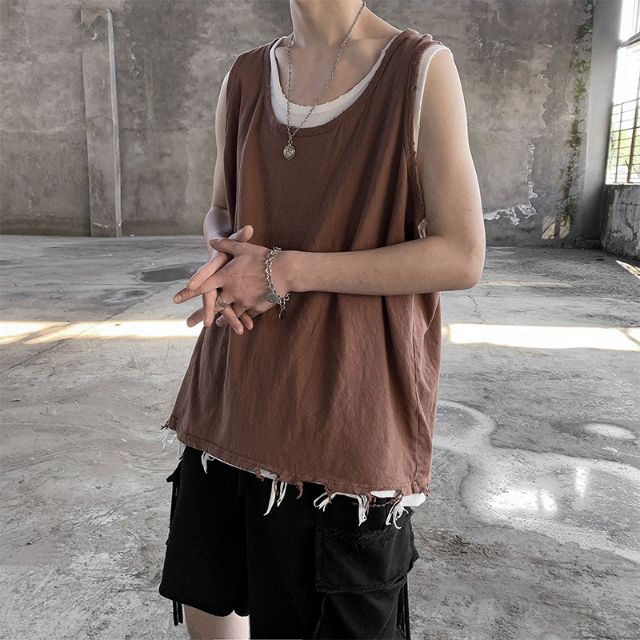 ÁO GYM TANK TOP UNISEX NAM NỮ, ÁO BA LỖ RÁCH GẤU TẠO LAYER TUA RUA