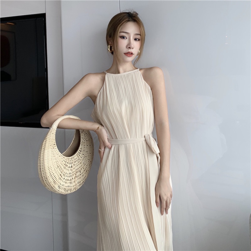 Đầm maxi trắng dập ly đi biển đi chơi đi du lịch Váy suông trắng dáng dài xếp ly