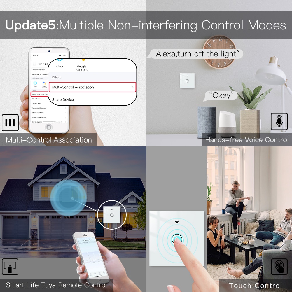 Công tắc đèn thông minh Bluetooth 2/3 chiều Hiệp hội đa điều khiển Bluetooth Sig Mesh Tuya Smart Life APP Alexa Google 1/2/3/4 Gang