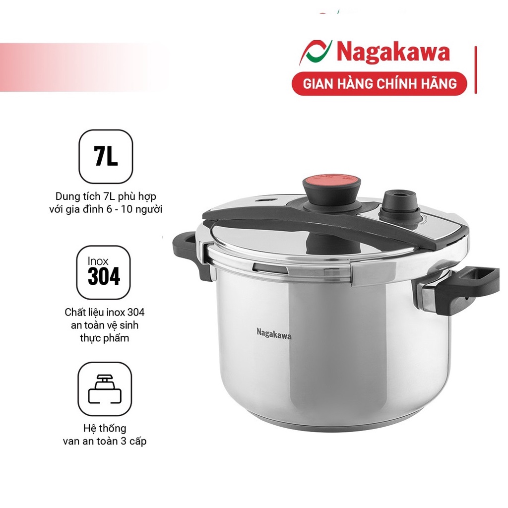 Nồi áp suất Nagakawa NAG1473 (7L) - Dùng được trên tất cả loại bếp - Lòng nồi inox 304, van kép 3 cấp- Hàng chính hãng