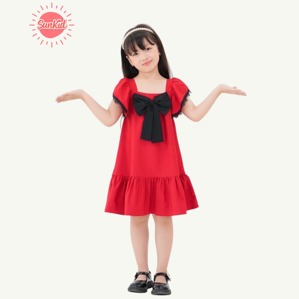  Váy đầm bé gái dáng suông đuôi cá thắt nơ đen vải trượt nhật cao cấp mùa hè Sunkid NN2 màu đỏ size trẻ 4-12 tu