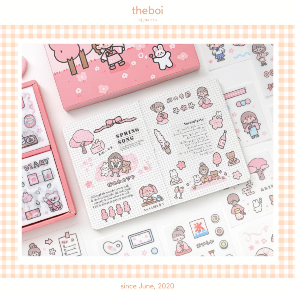 1 Tấm Sticker Mini Cô Bé Hoa Anh Đào Sakura Trang Trí Sổ Bullet Journal theboiofficial