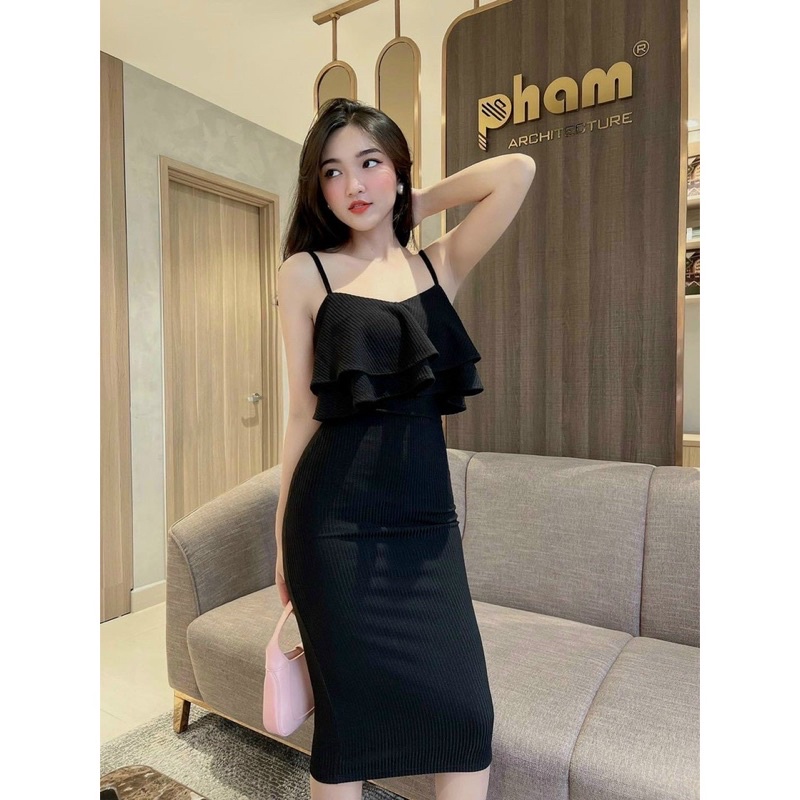 Đầm nữ thun gân hai dây xếp tầng ôm body đa dạng màu sắc (Đỏ, Xanh, Vàng, Đen)
