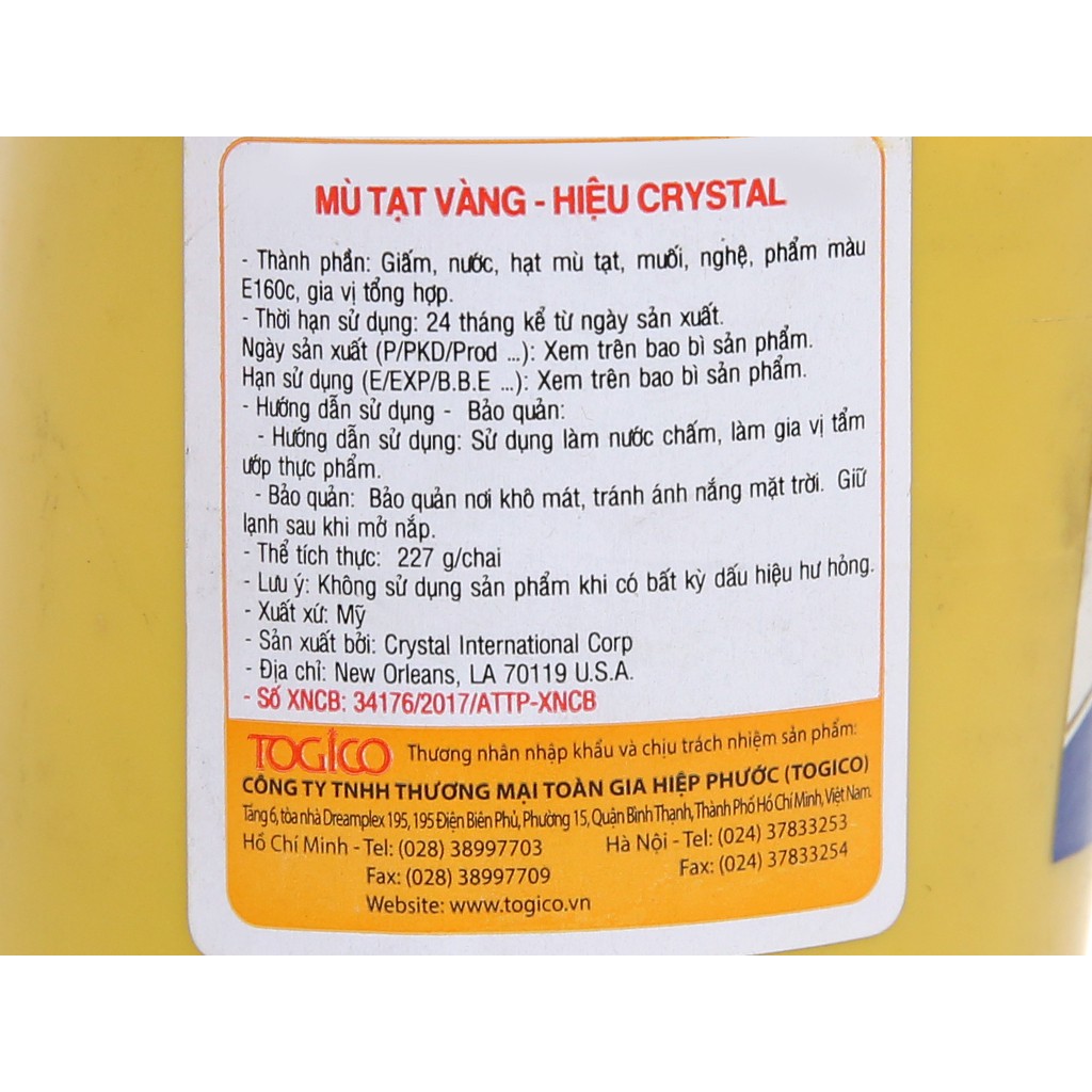 Mù tạt vàng hiệu Crystal của Mỹ 227g