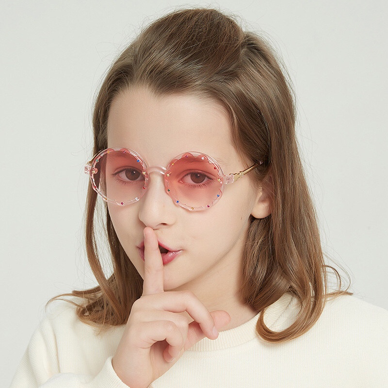 Kính Chống Tia UV400 PTQ Gọng Tròn Phối Ren Đính Đá Thời Trang Cho Bé