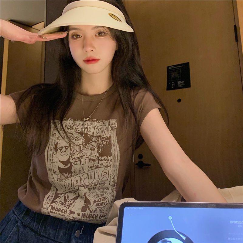 Áo Thun Tay Ngắn In Hình Phong Cách Retro Hàn Quốc Cho Nữ