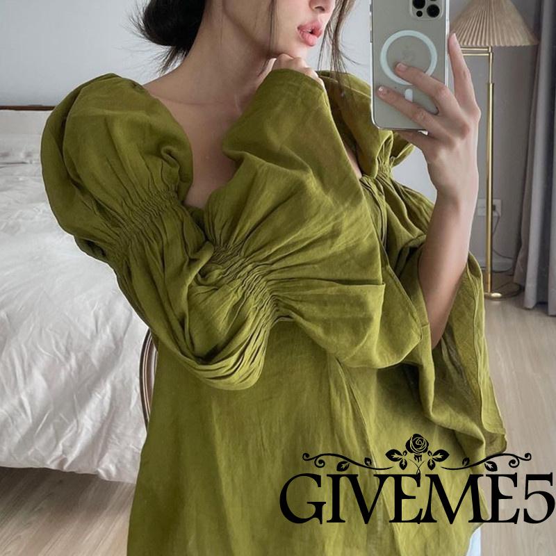 Áo Sơ Mi Tay Dài Loe Cổ Vuông Màu Trơn Xẻ Tà Trước Thời Trang Xuân Thu Cho Nữ