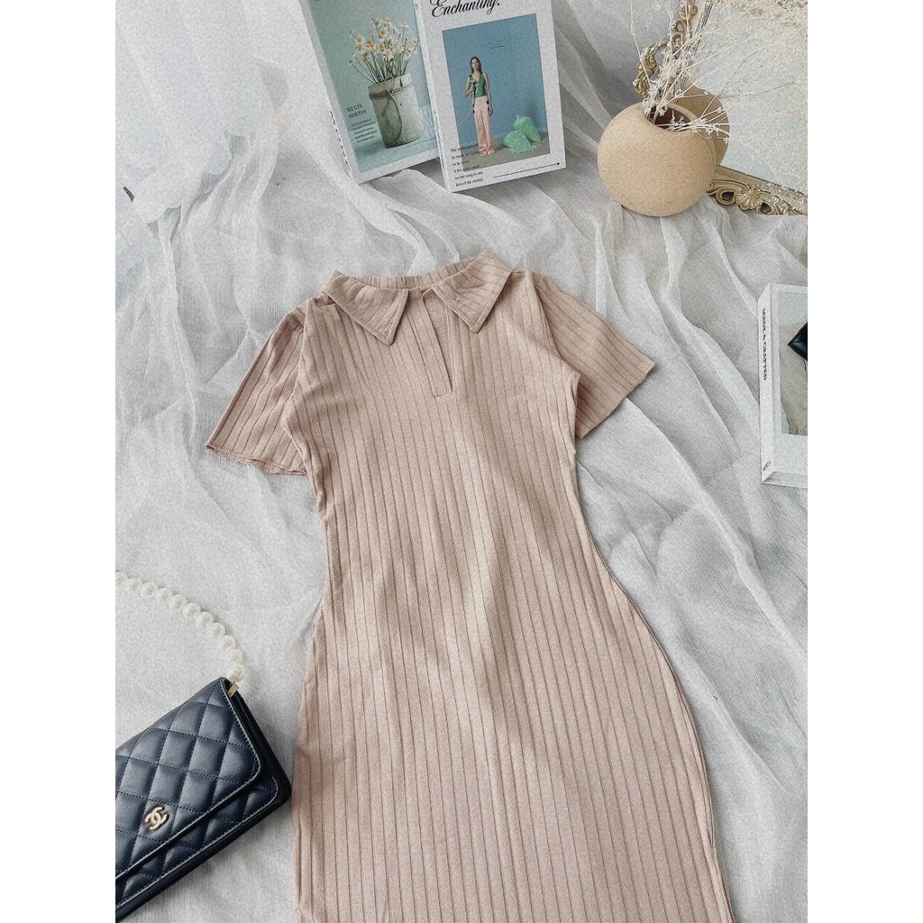 Đầm ôm body xẻ tà cổ sơ mi chất gân mịn, dày dặn tôn dáng | BigBuy360 - bigbuy360.vn