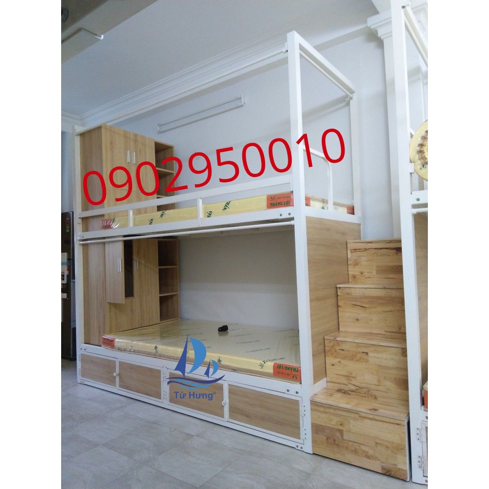 Giường tầng Homestay chứa tủ quần áo, nệm, rèm, ga sọc 3 phân
