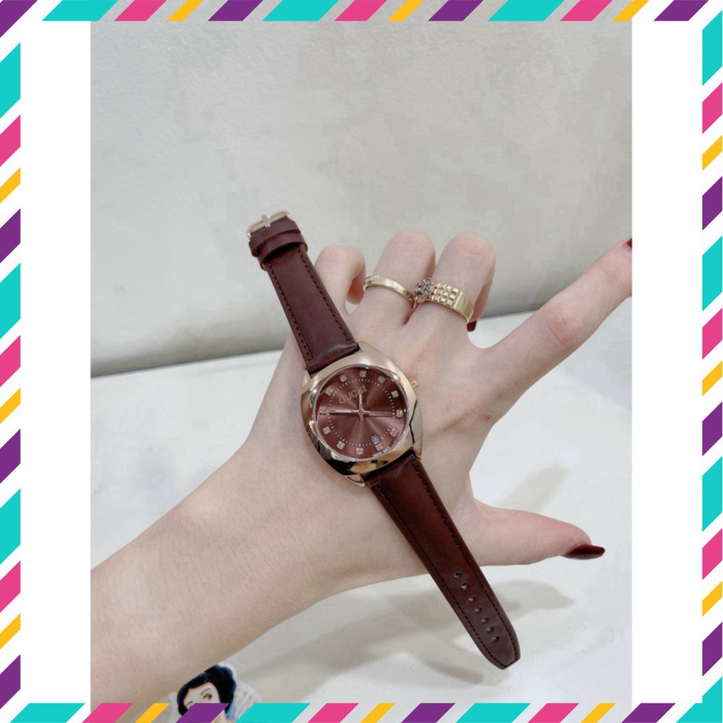 Đồng hồ nữ gucci quai da đeo tay chống nước măt tròn màu nâu tây thời thượng
