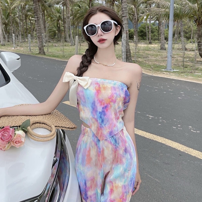 Set Áo Ống + Quần Dài Ống Rộng Thiết Kế Mới Thời Trang Mùa Hè Dành Cho Nữ