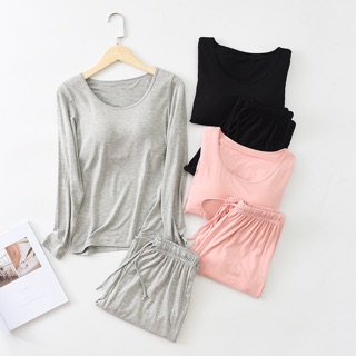 Bộ ngủ cotton kèm bra dài tay