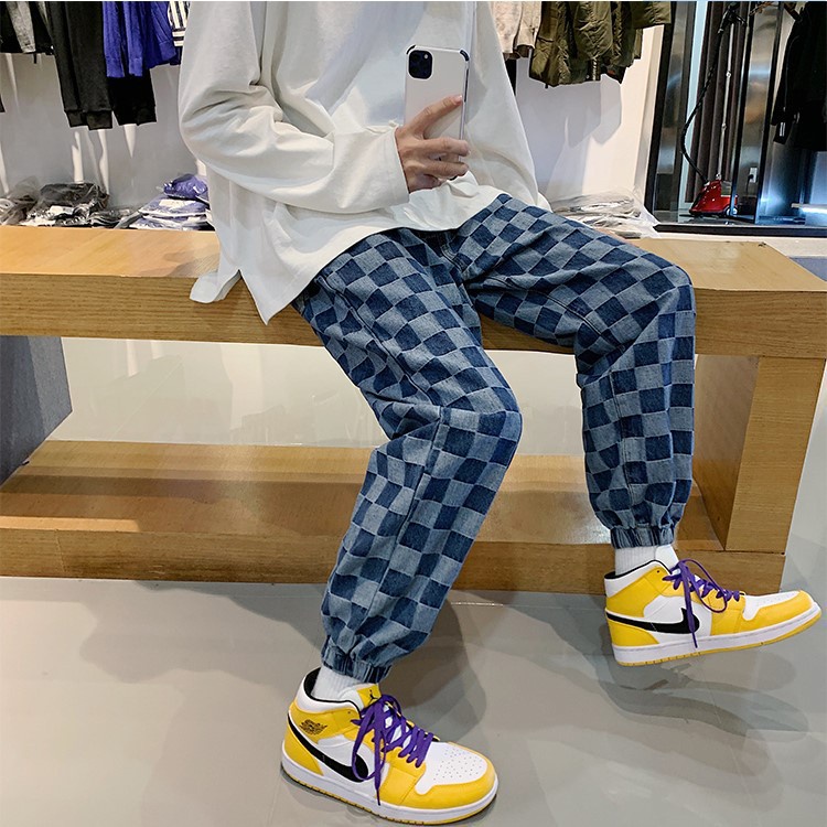 Quần Jeans Dài Ống Rộng Họa Tiết Sọc Caro Phong Cách Hàn Quốc Cho Nam