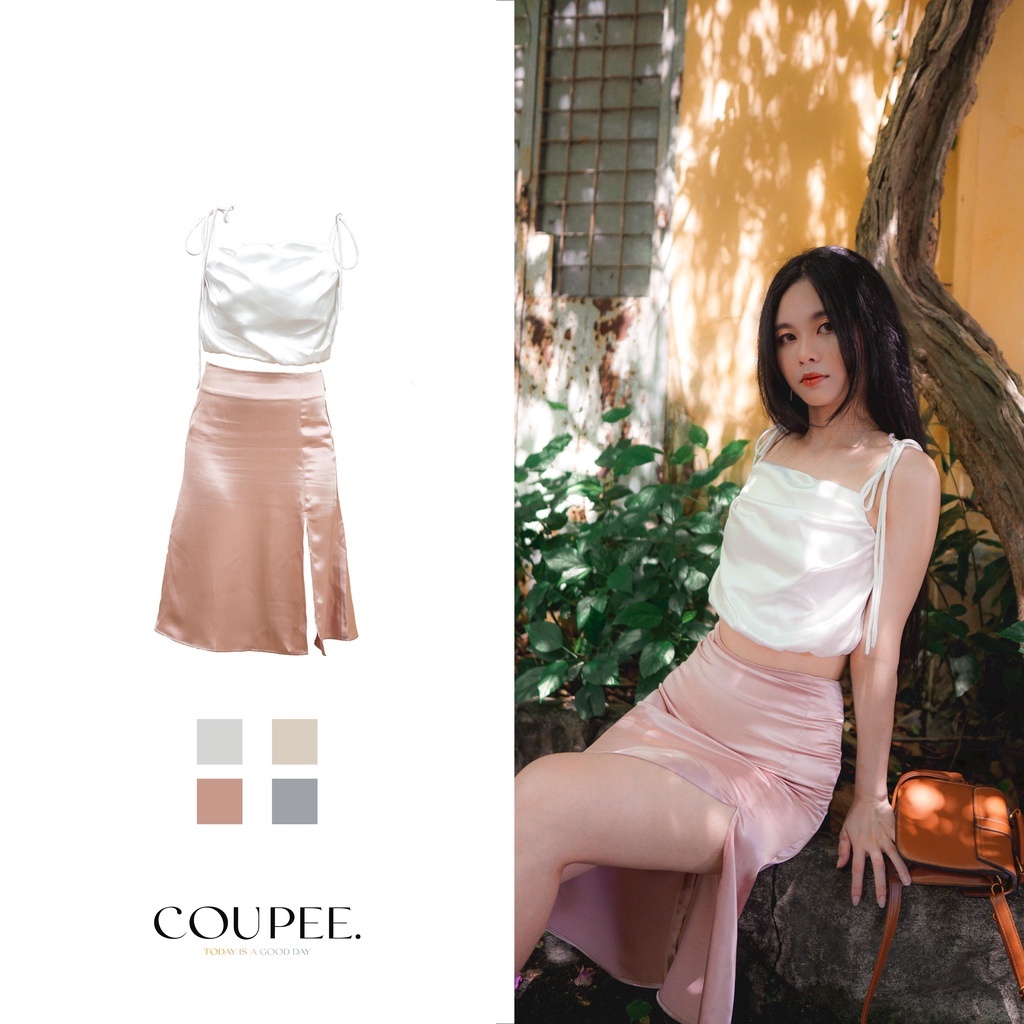 [ẢNH - VIDEO THẬT] Set Chân Váy Lụa Xẻ Tà - Áo Lụa Croptop Hai Dây Cổ Đổ  [ẢNH THẬT DO COUPEE TỰ CHỤP]