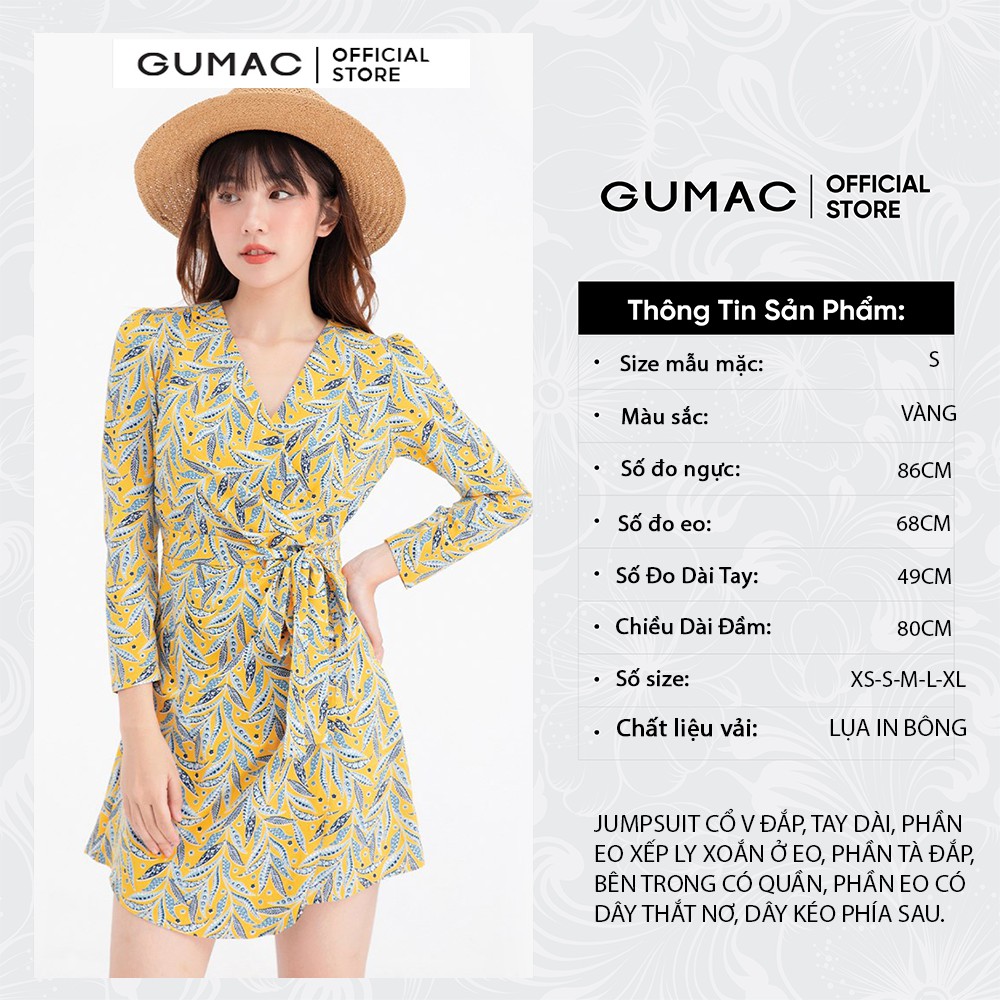 Jumpsuit xếp ly họa tiết hoa lá GUMAC DB625