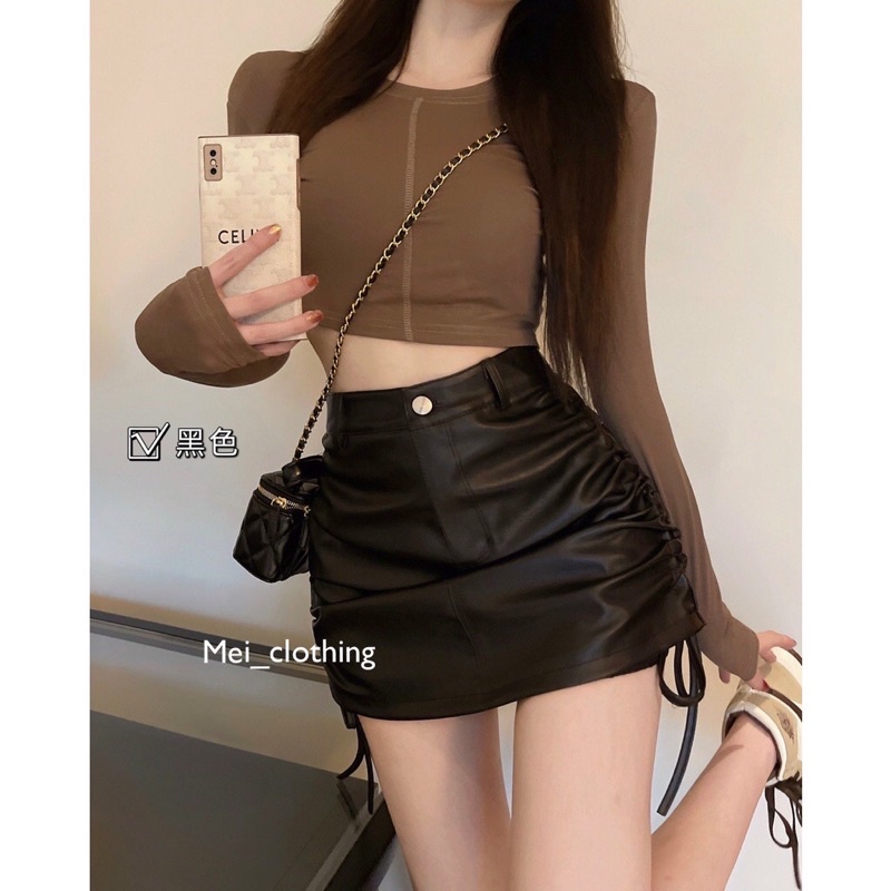 [Ảnh thật/hàng QC] Chân váy da có dây rút hông sang chảnh/ chân váy có lót trong không sợ lộ