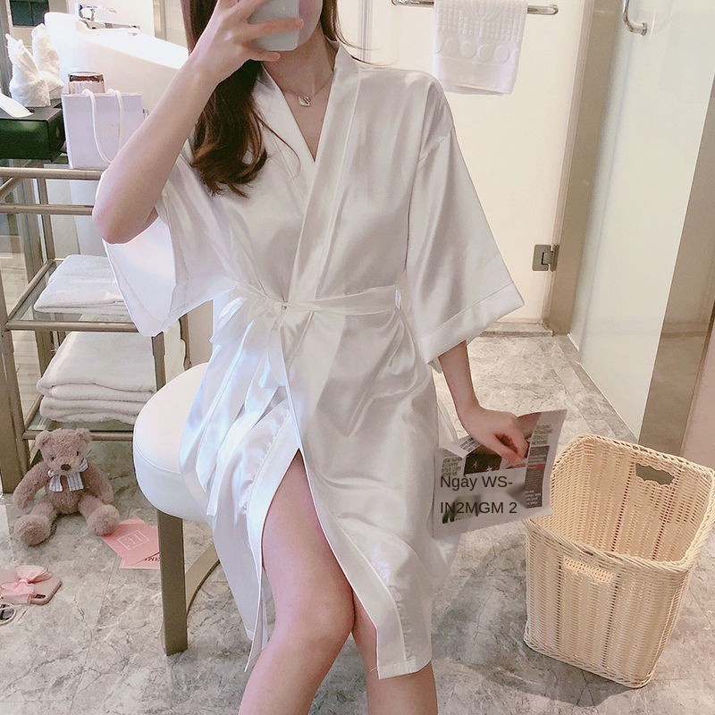 mùa hè 2021 áo ngủ kiểu mới của phụ nữ kimono Nhật Bản đồ sexy băng lụa nửa tay choàng tắm ren mặc nhà