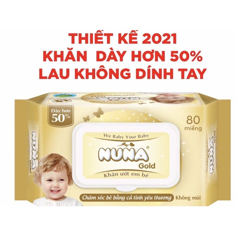 Khăn ướt Nuna Baby gold 80 tờ không mùi(vui lòng mua 2 gói 1)