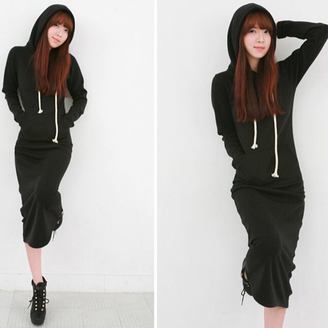 Plus Đầm Hoodie Tay Dài Phối Nhung Dày Dáng Dài Cỡ Lớn Thoải Mái Cho Nữ | BigBuy360 - bigbuy360.vn