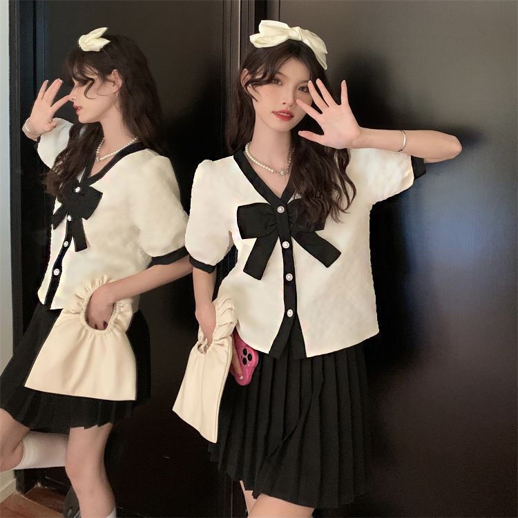 Áo Sơ Mi Tay Ngắn Cổ Chữ V Đính Nơ Phong Cách Ngọt Ngào Thời Trang Mùa Hè Mới