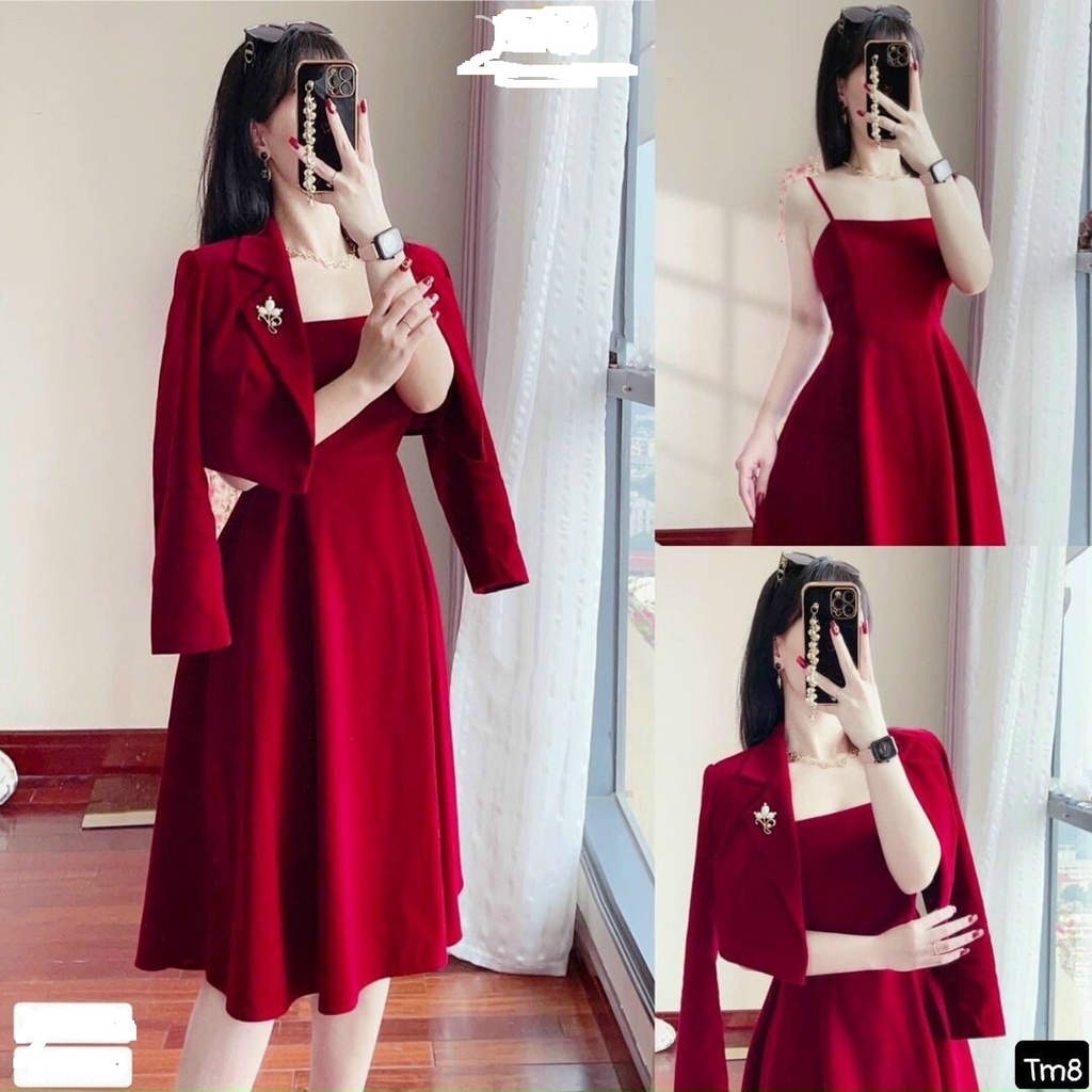 Đầm dự tiệc 2 dây kết hợp áo vest khoác nhẹ chuẩn xinh, thanh lịch H.T (Hàng cao cấp)