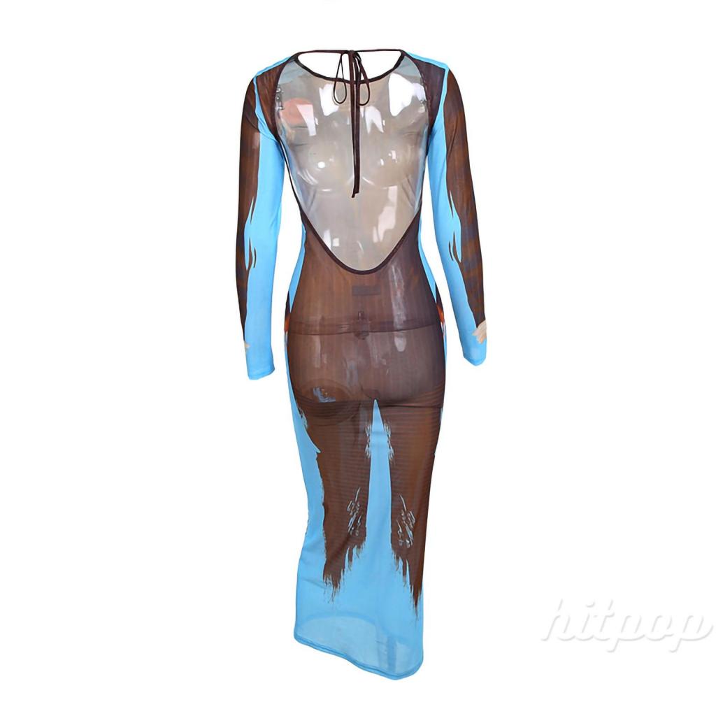 Hitpop-Women Summer Dress, Printed Long Sleeve Crew Neck Sheer Backless Long Dress, Ladies Tie-Up Perspective Party