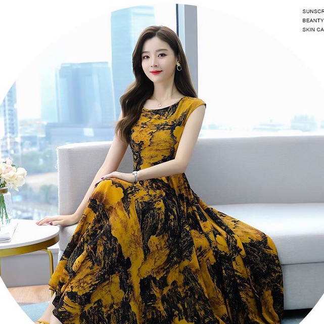 Đầm Maxi Dáng Dài - Váy Đi Biển Nữ Xòe Cổ Tròn Sát Nách Voan Lụa Quảng Châu Cao Cấp HX28