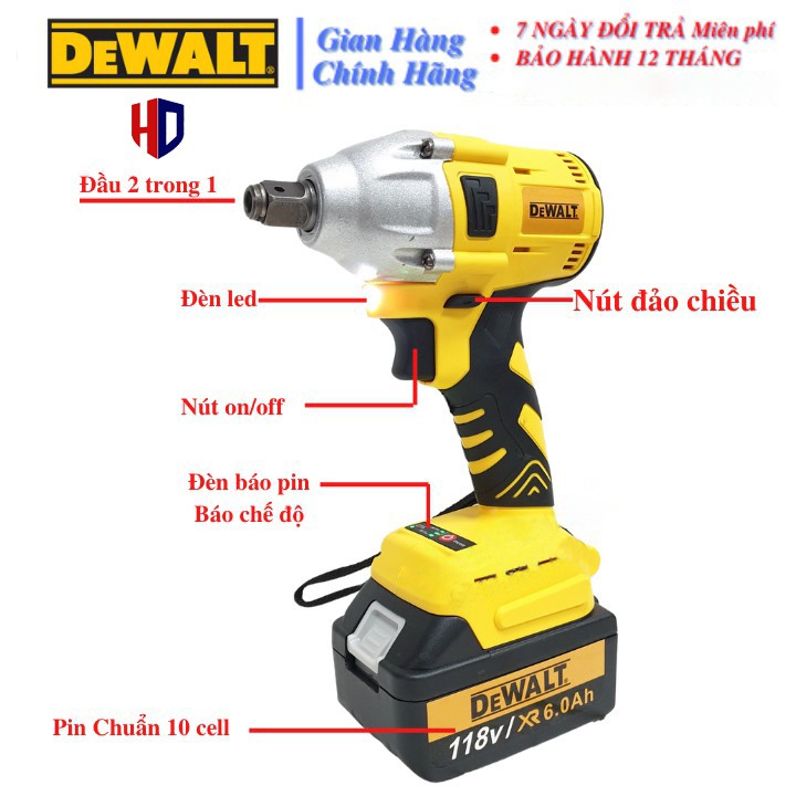 Máy Siết Bu Lông, Máy Vặn Vít DEWALT 198Vf - 2 Pin - Không Chổi Than Đầu rỗng Bắn vít Khoan - Tặng 5 đầu khẩu