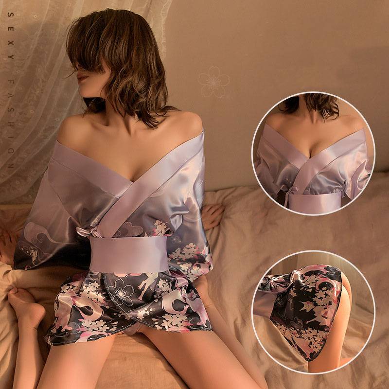 Bộ Đồ Ngủ Kimono In Hoa Cổ Chữ V Khoét Sâu Kiểu Nhật Bản Quyến Rũ Cho Nữ