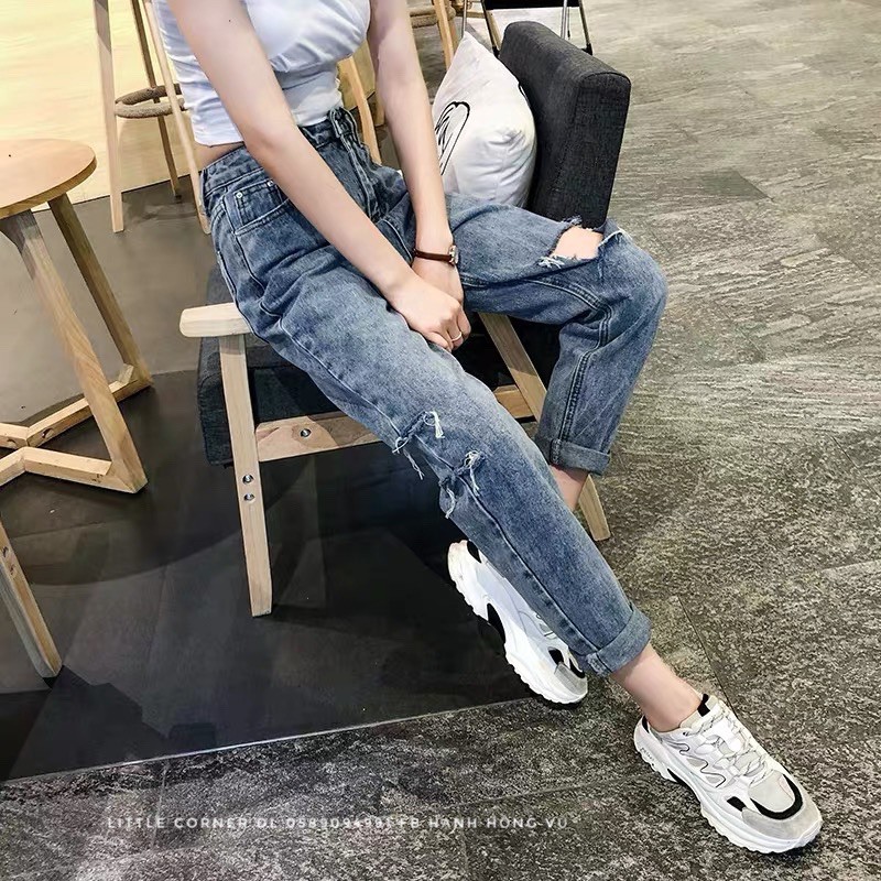 Quần baggy bò slim jean rách sườn xẻ lưng cao quảng châu có sẵn