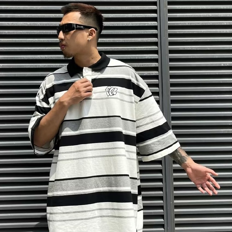 Áo Thun POLO Ngắn Tay Form Rộng Họa Tiết Kẻ Sọc Phong Cách Hiphop Đường Phố Hàn Quốc