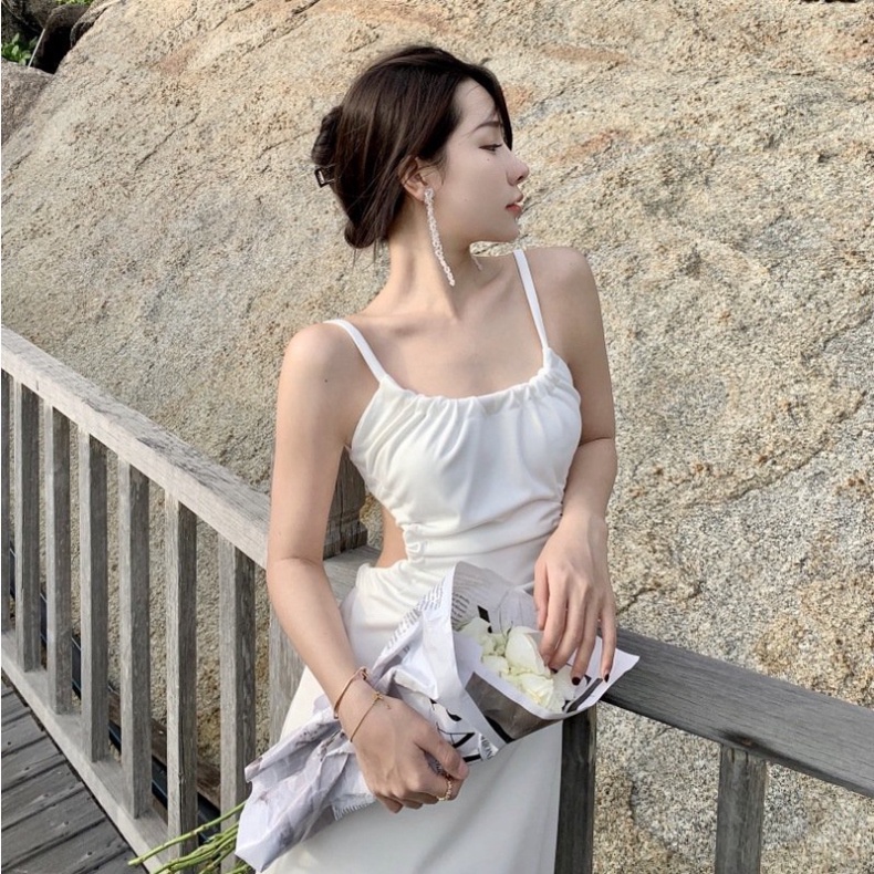Váy đi biển trắng LUHAZO cổ yếm maxi body sexy đi tiệc  nữ đẹp 2 dây dáng dài bigsize  Hàn Quốc hở lưng  1072 DK5T403