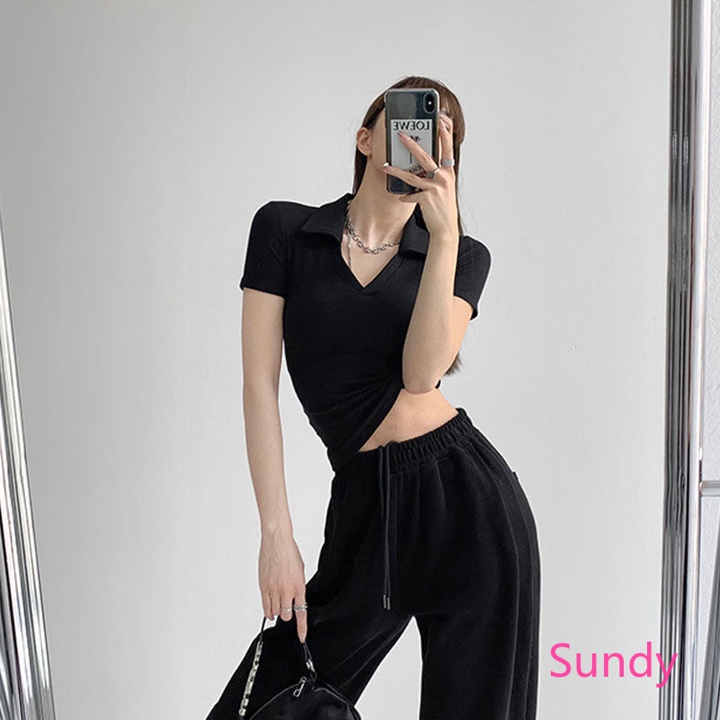 Áo Thun Polo Cổ Chữ V Màu Sắc Kẻ Sọc Thời Trang Mùa Hè Dành Cho Nữ