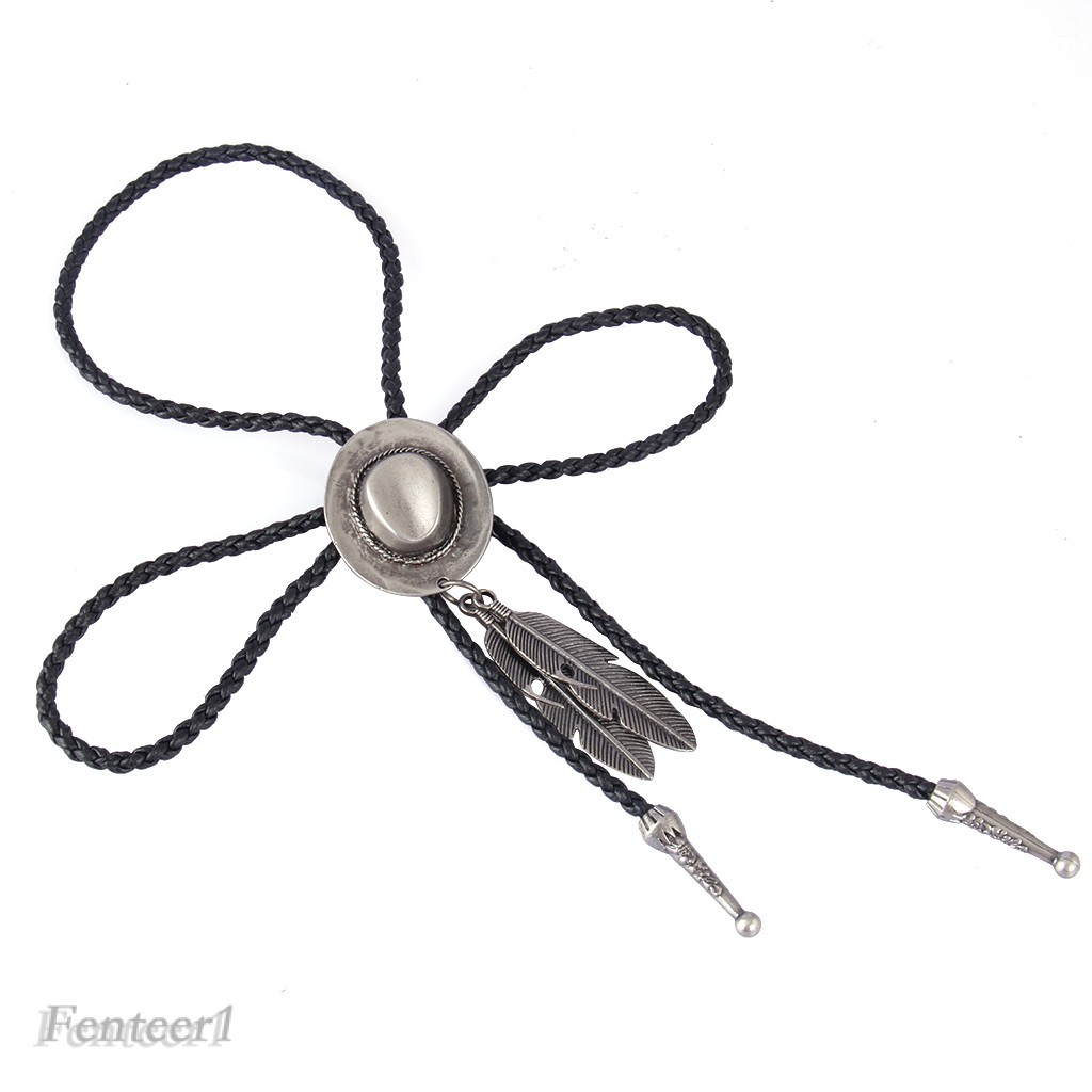 [FENTEER1] Western Cowboy Rodeo Bolo Tie Hat and Feather Pendant Black PU Rope Necktie