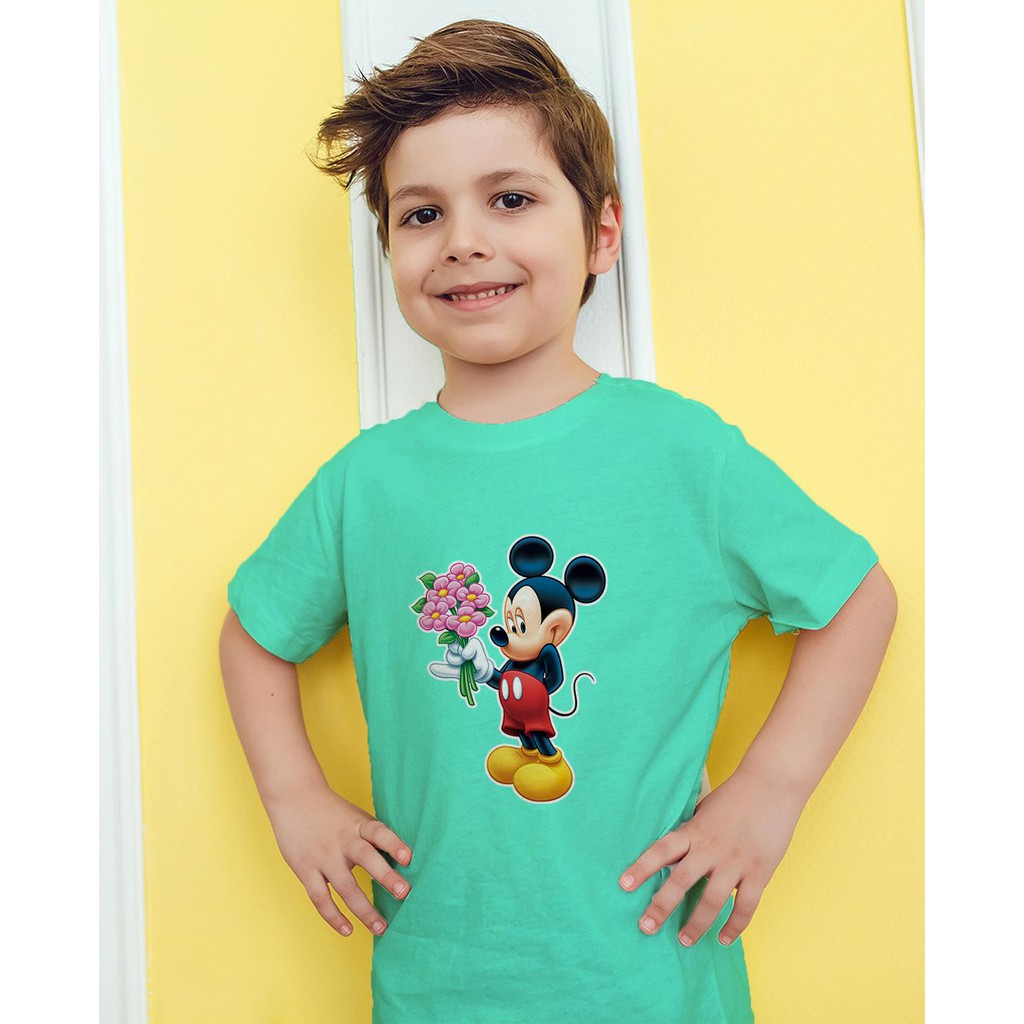 Áo thun Trẻ em in hình Mickey cầm hoa Cotton Thun - Dẽ Thương