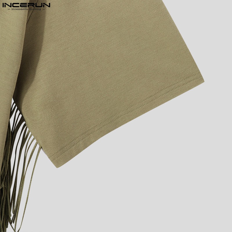 Áo thun tay ngắn INCERUN dáng rộng màu trơn phối tua rua thiết kế thời trang đơn giản cho nam