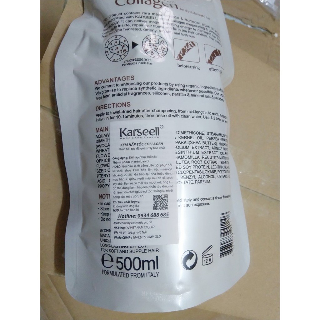Ủ TÓC COLLAGEN KARSEELL 500ml / Siêu Mượt Phục Hồi Tóc Hư Tổn