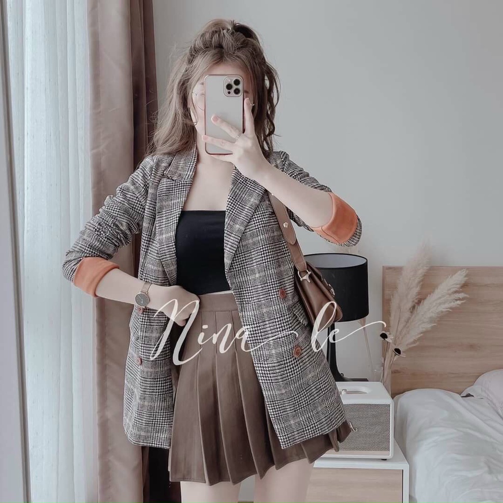 Áo khoác dạ nữ cao cấp, Áo khoác blazer dạ kẻ 2 lớp tay gập pha be