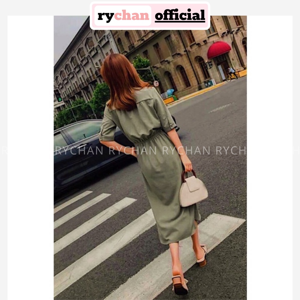 Đầm Nữ Công Sở Dáng DàiCổ Trụ Thắt Eo Có Túi Thanh Lịch, Đầm Đi Shopping Màu Xanh Rêu Cực Tôn Da[ẢNH THẬT CUỐI] - DX9860