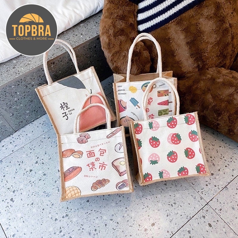 Túi Tote Cói Vải Bố Canvas Hot trend 2021 Có Khoá Đựng Đồ Hoạ Tiết Dễ Thương TOPBRA