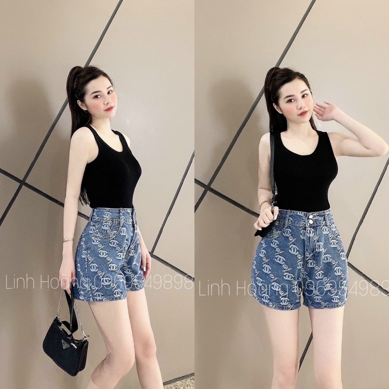 Quần shorts jeans lưng siêu cao 2 nút dệt hoạ tiết - R5T