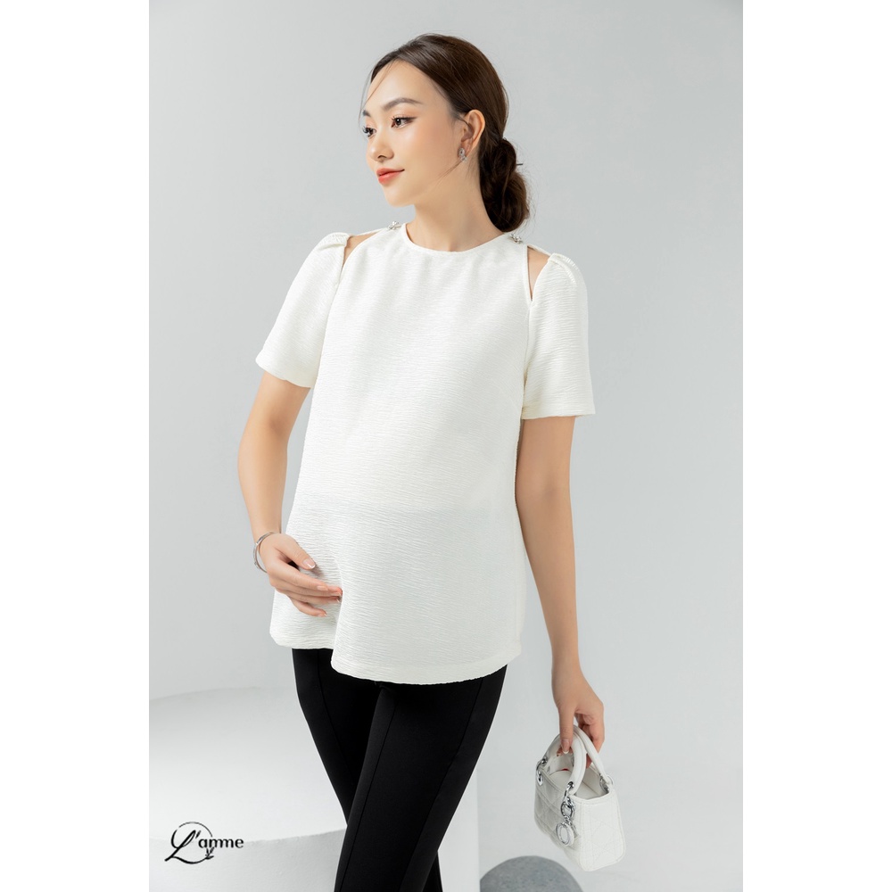 Áo bầu trắng khoét vai đính cúc cao cấp ANI TOP, kiều dáng basic, chất liệu phù hợp mùa thu thiết kế bởi L'amme