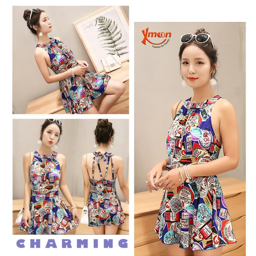 Áo tắm nữ áo bơi nữ liền mảnh giấu bụng cổ yếm buộc dây lưng trần gợi cảm MH1745 ་